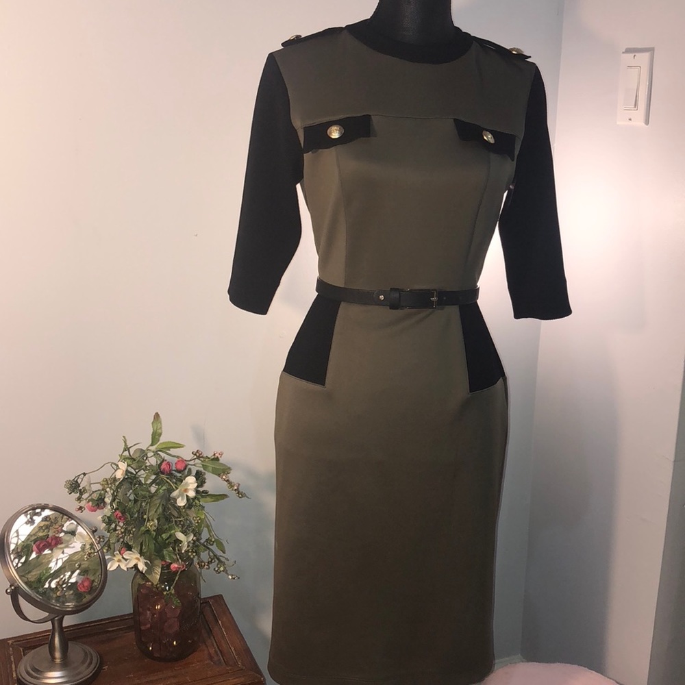 Army green and black fitted  midi dress